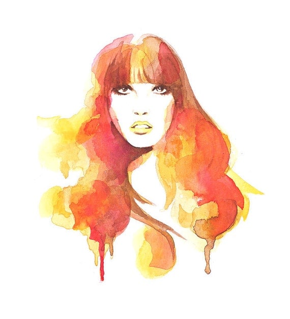 Orange Watercolor fashion art Mod Glamour A4 or 8 x 10