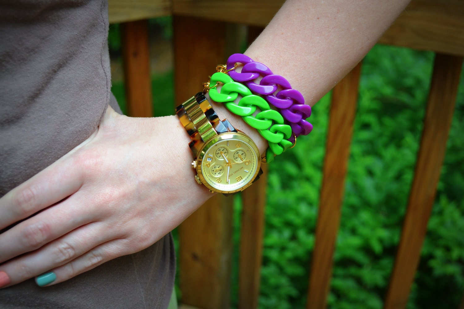 SALE - 20% OFF - Double Stranded Bracelet in Hot Purple: Acrylic and Gold Chain Link