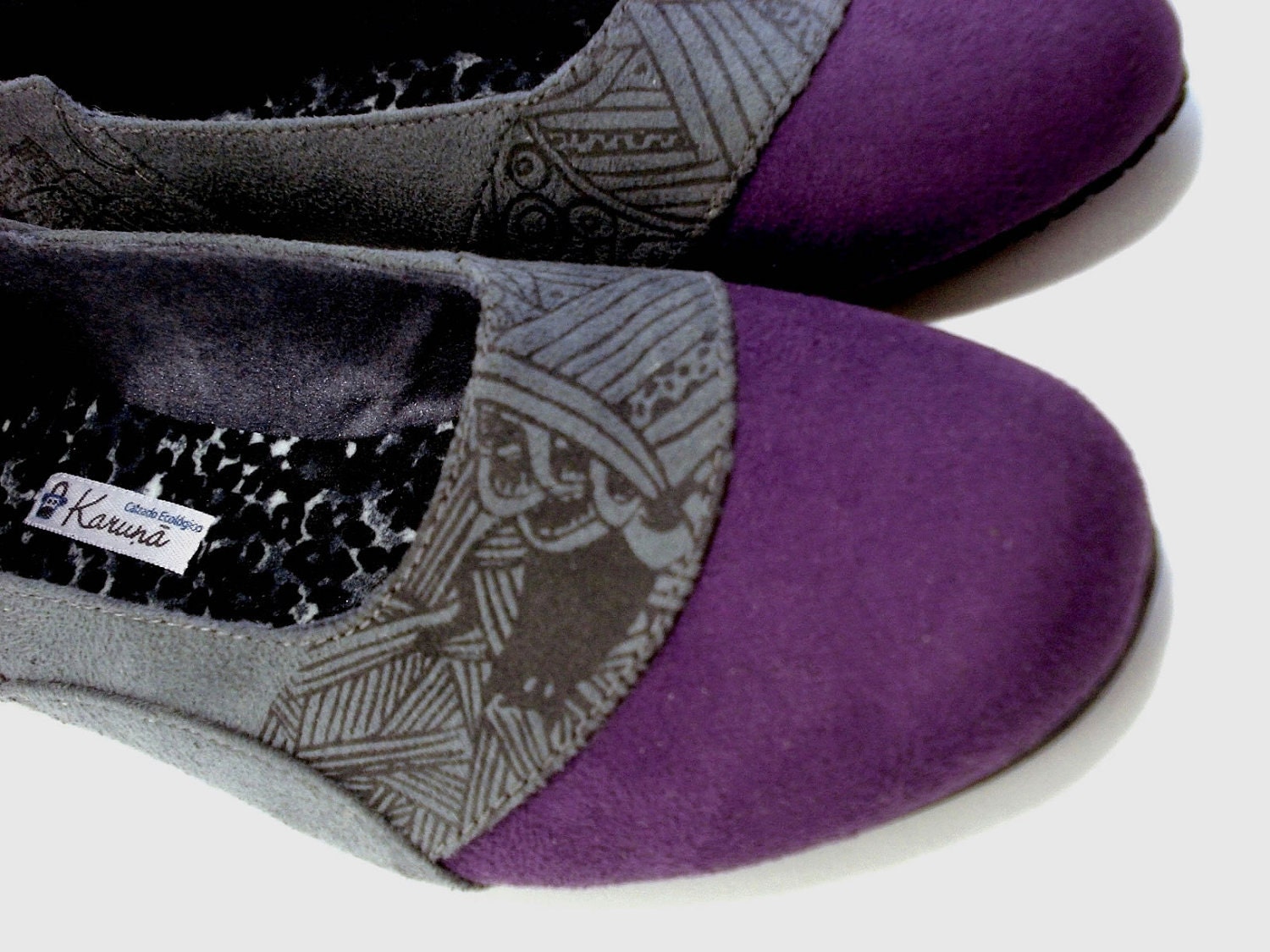 Handmade Eco-vegan Ballet Flats - Purple and Grey - Hand Screen Printed Illustration - Recycled Tire Soles