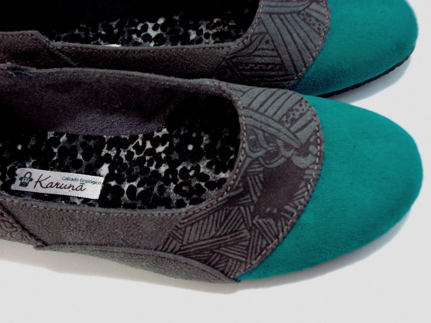 6,5 / 37 Handmade Eco-vegan Ballet Flats - Aqua Green Ocean Blue- EU 37 / USA 6,5 - Hand Screen Printed Illustration - Recycled Tire Soles