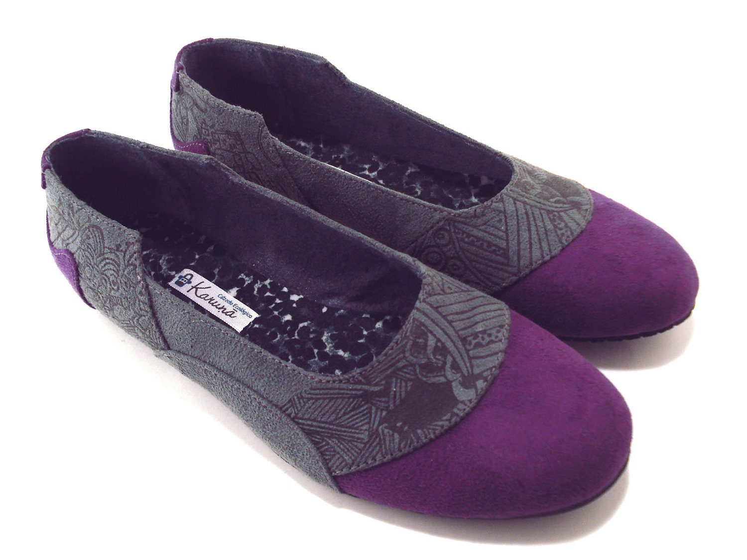 Handmade Eco-vegan Ballet Flats - Purple and Grey - Hand Screen Printed Illustration - Recycled Tire Soles