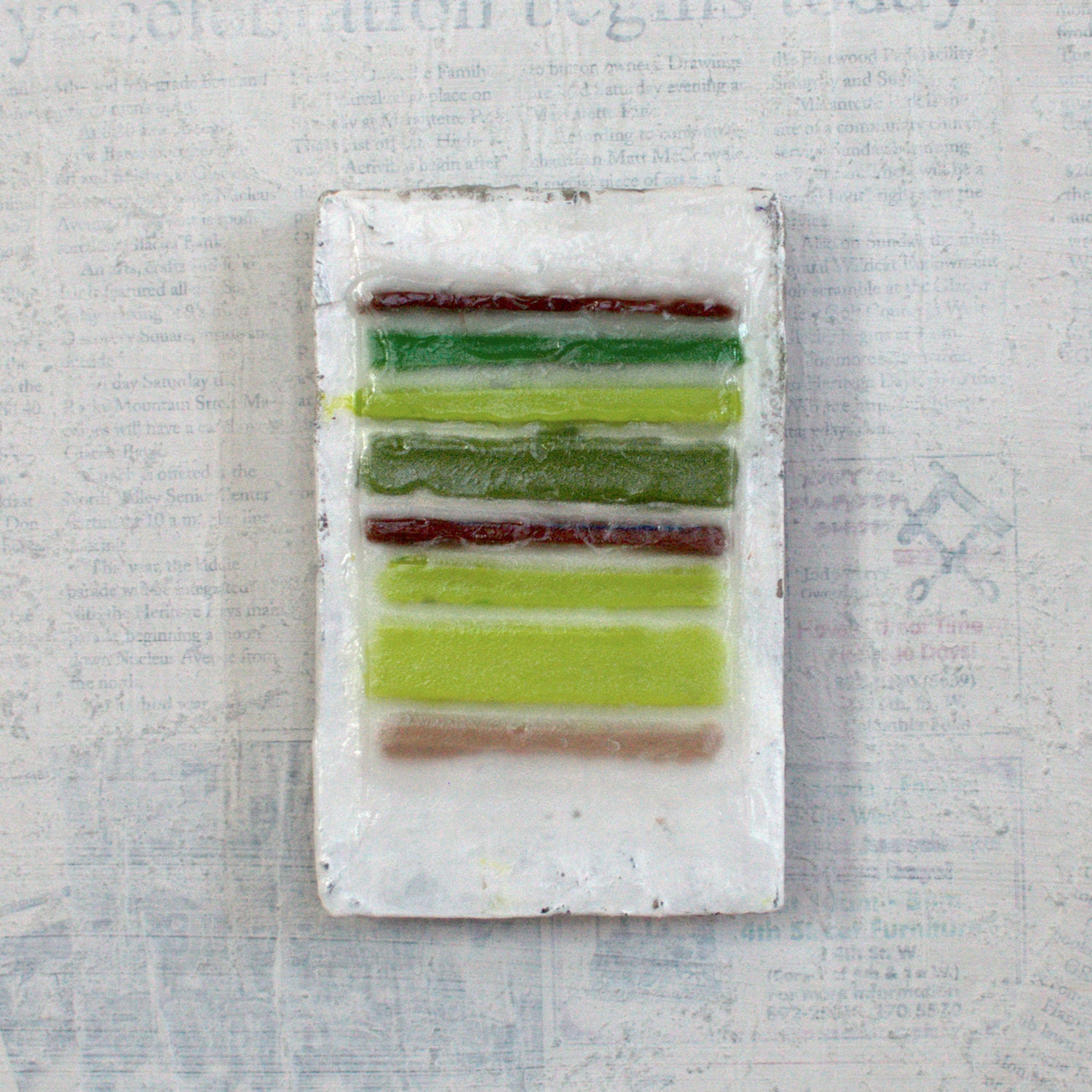 abstract encaustic PAINTING - small original mixed media -  Spring Melt -  fine art  - paper mache wax painting - green brown white
