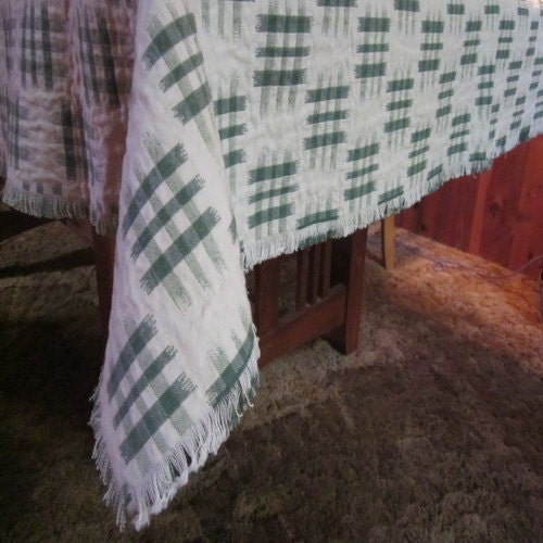 Picnic or Tablecloth Hand Fringed, Reversible Green White 52x70