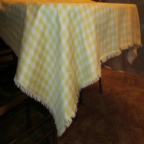 53x70" Yellow and White Check Farmhouse Style Tablecloth, Handmade