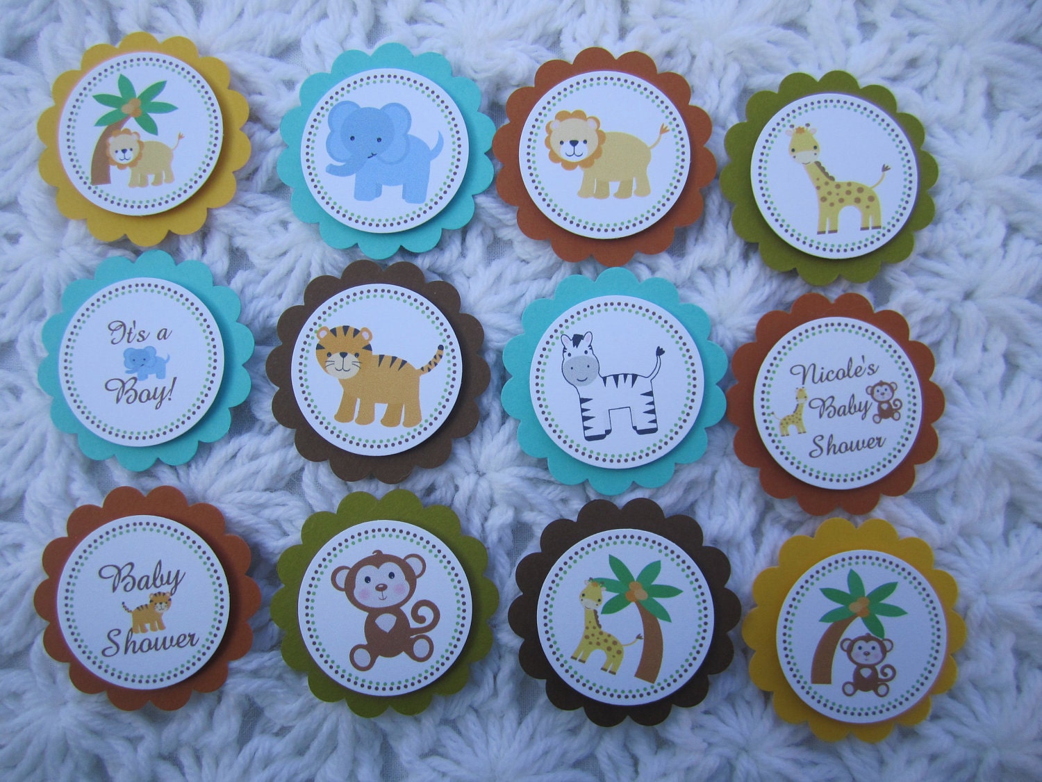 Jungle, Safari 12 Cupcake Toppers or Party Favor Tags, Baby Shower, Handmade, 3D