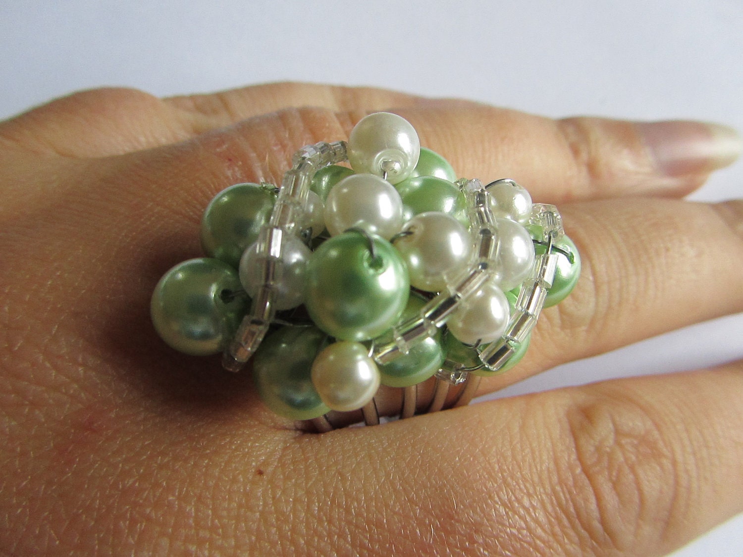 Bespoke Chunky Soft green and Ivory pearl wire wrapped adjustable ring Wow statement piece