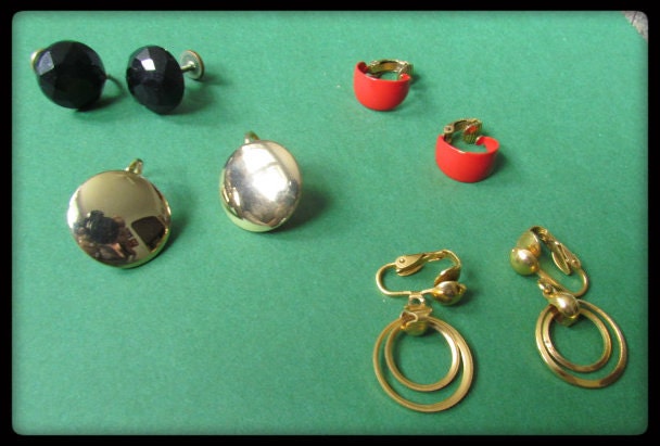 Four Pair of Vintage Clip On Earrings Black, Red, Gold