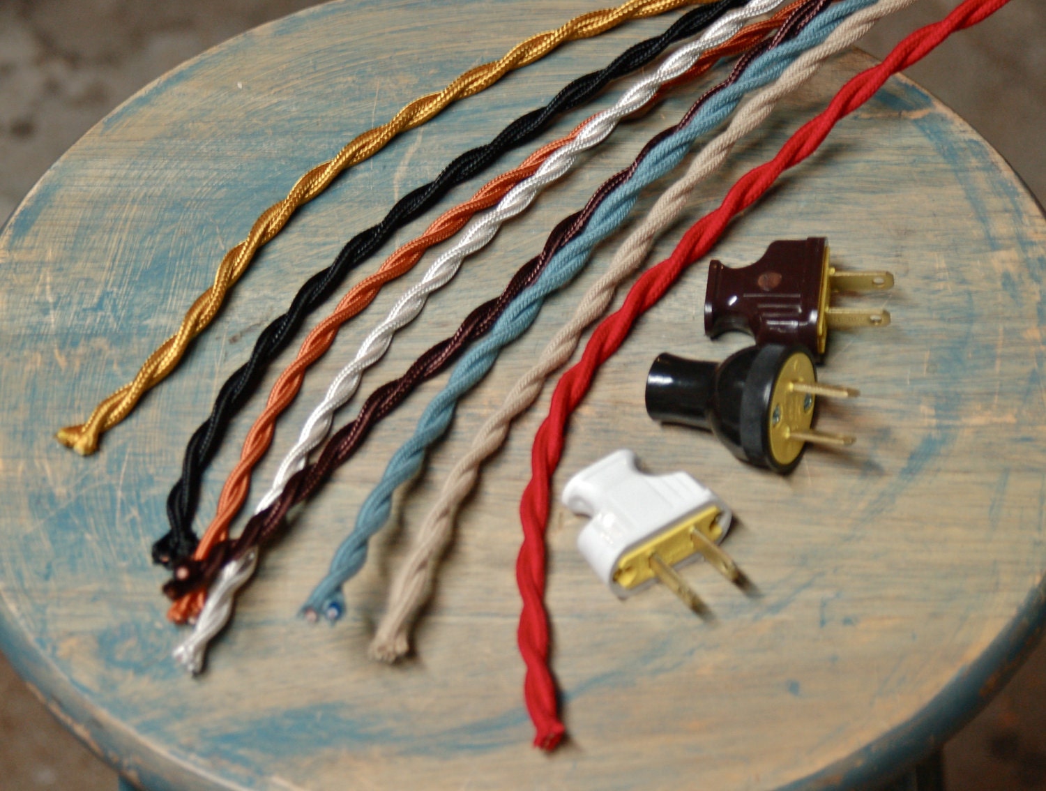 8 Foot Cloth Wire w/ Plug Attached, 20 Color Options, Twisted Cord, Vintage Re-Wire Kit, Lamp Electrical Cord, light socket wire