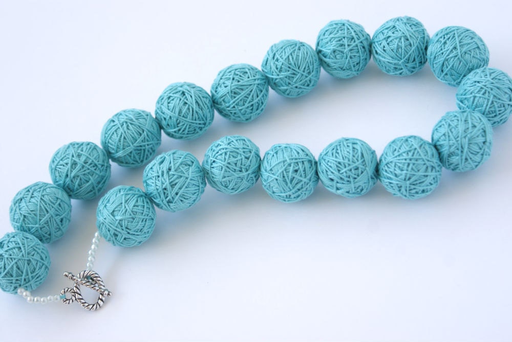 Blue short beads necklace of a thread cotton for women lace textile wooden beads natural pastel white mint toggl