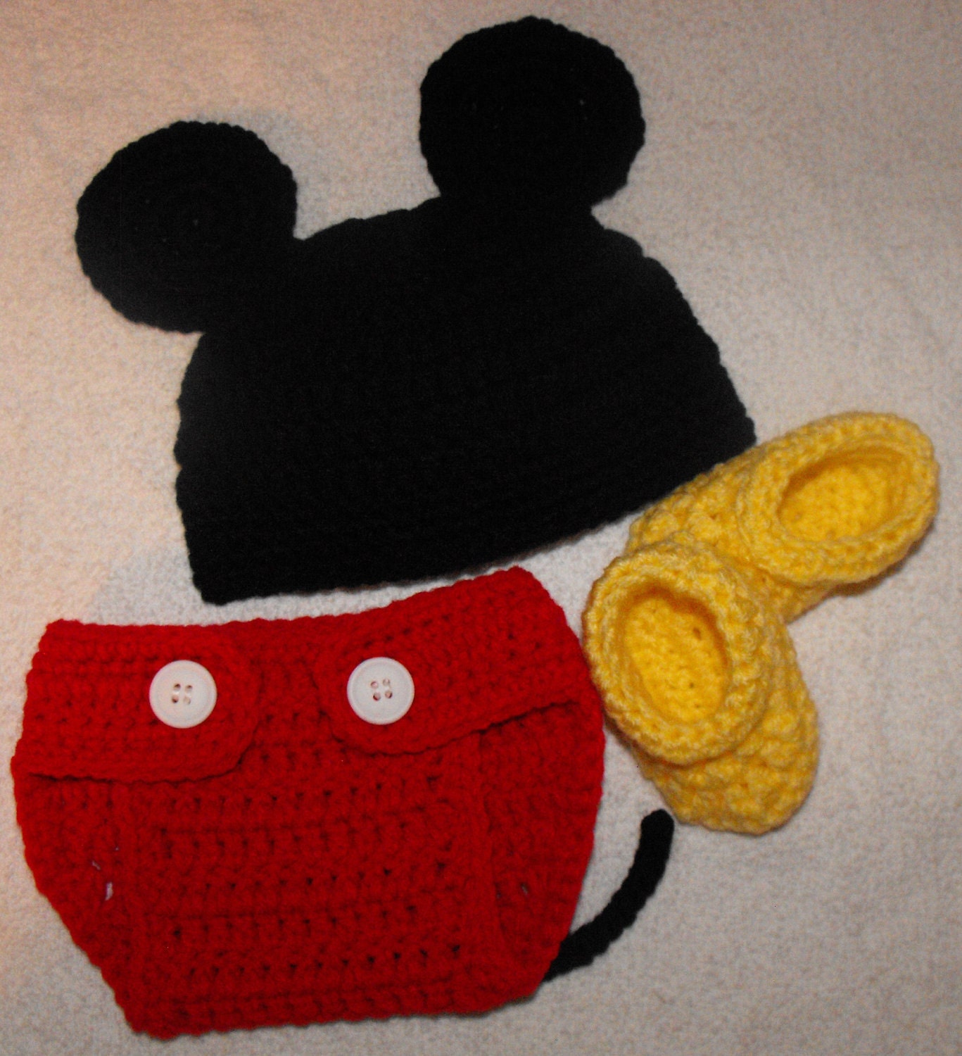 Mickey Mouse Inspired Newborn Crochet Hat, Diaper Cover, and Bootie Set