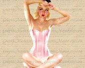 Beautiful PIN UP GIRL Girls Corset Digital Collage Sheet Image Download Iron On Transfer Fabric Burlap Color  Pillows Towels Tote Bags a44