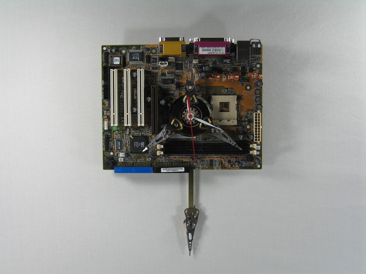 Handmade Upcycled Motherboard Wall Clock Pendulum Read Write Heads Clocks by DanO Office Home Decor, Free Priority Shipping Included