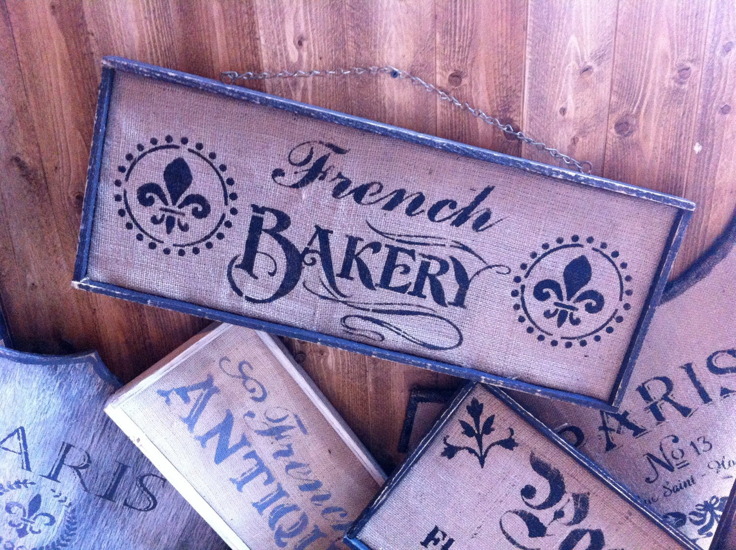 French Country French Bakery sign on natrual burlap with wood frame customize FREE SHIPPING