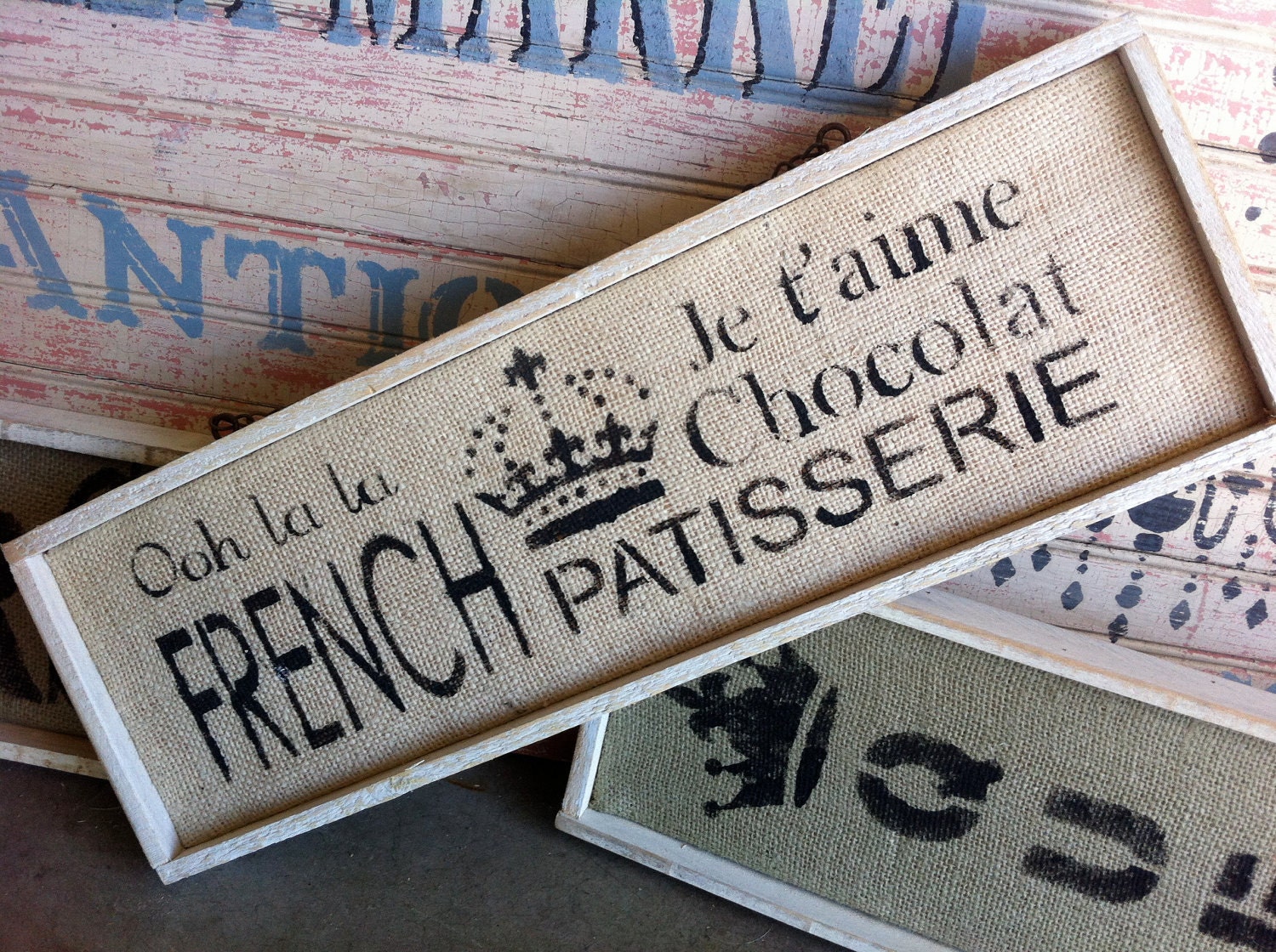 French Country Paris sign on natural burlap with wood frame FREE SHIPPING
