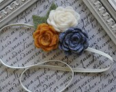 Felt Flower Headband - Skinny Elastic, Leaves, Roses - Mustard yellow, Cream White and Charcoal Grey - Choose your size