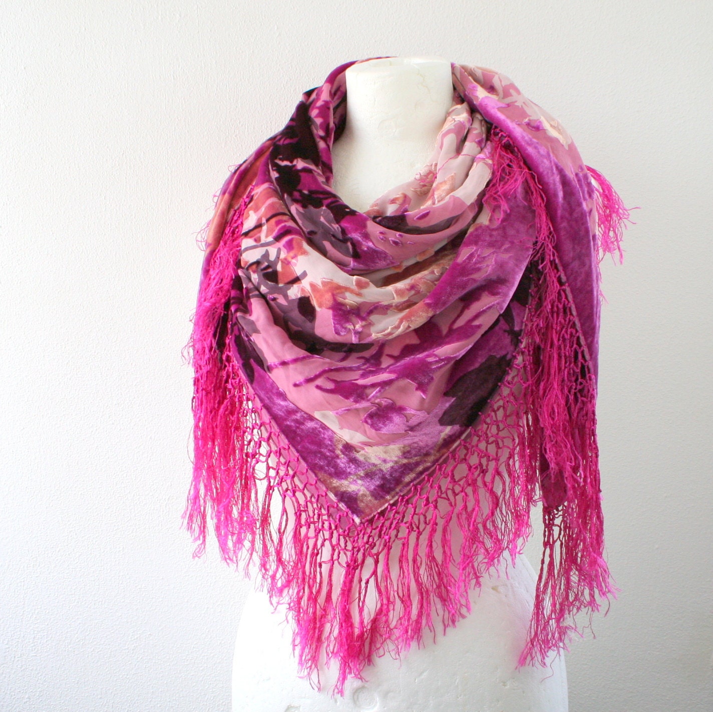 SALE 15% OFF Vintage fringe scarf in hot pink, purple and peach - chiffon and velvet - LilacCadillac