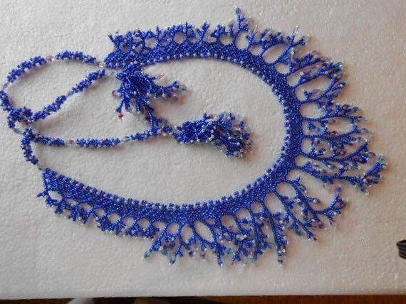 Blue Retro Russian Coraling Technique with Long Fringed Ties