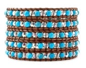 Turquoise Beads With Clear Crystal 5X Wrap Leather Bracelet With 925 Silver Button L123