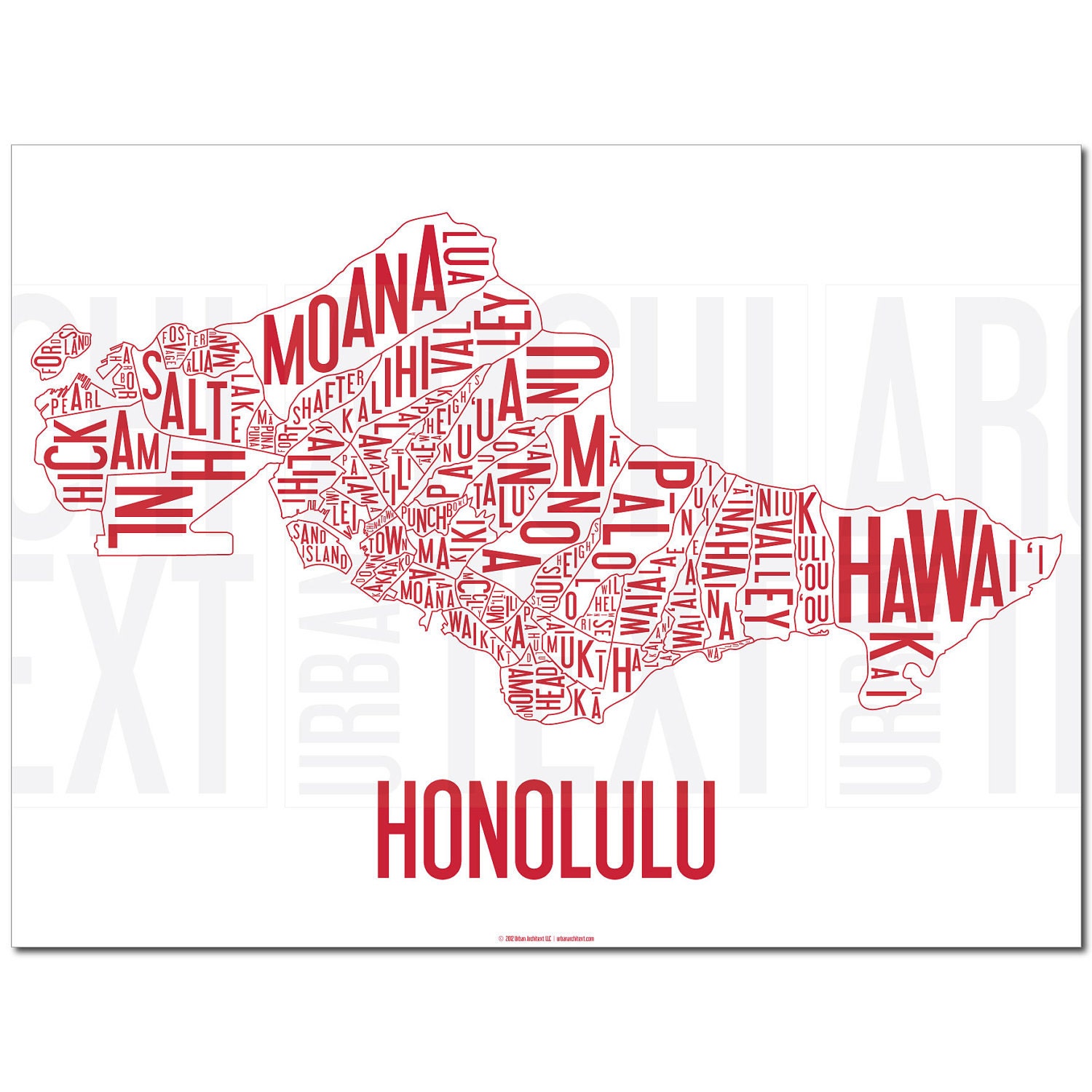 Typographic Honolulu Neighborhood Map - Redline