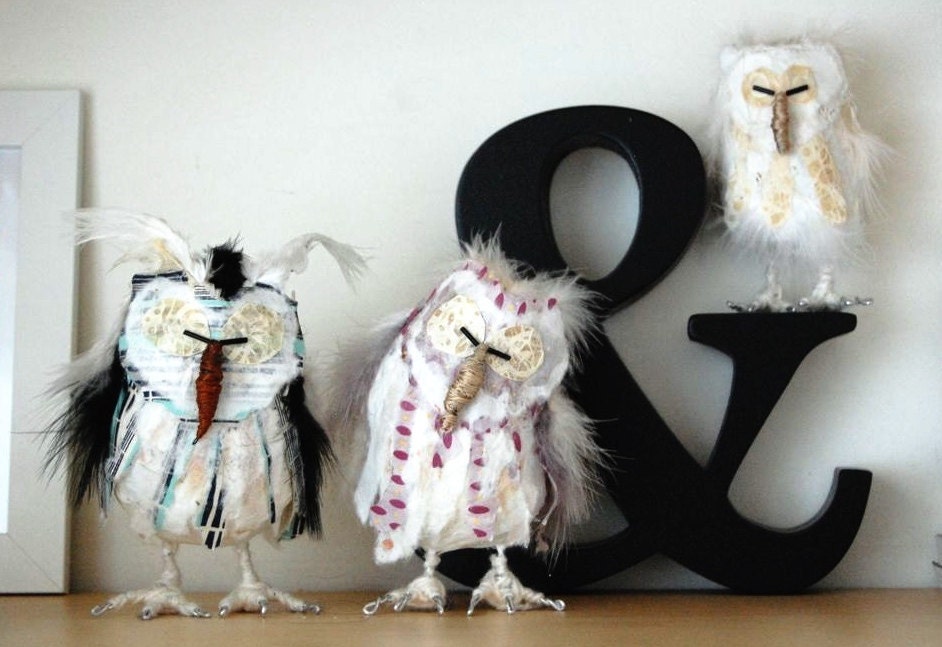 Owl family - set of three handmade, standing owl figures