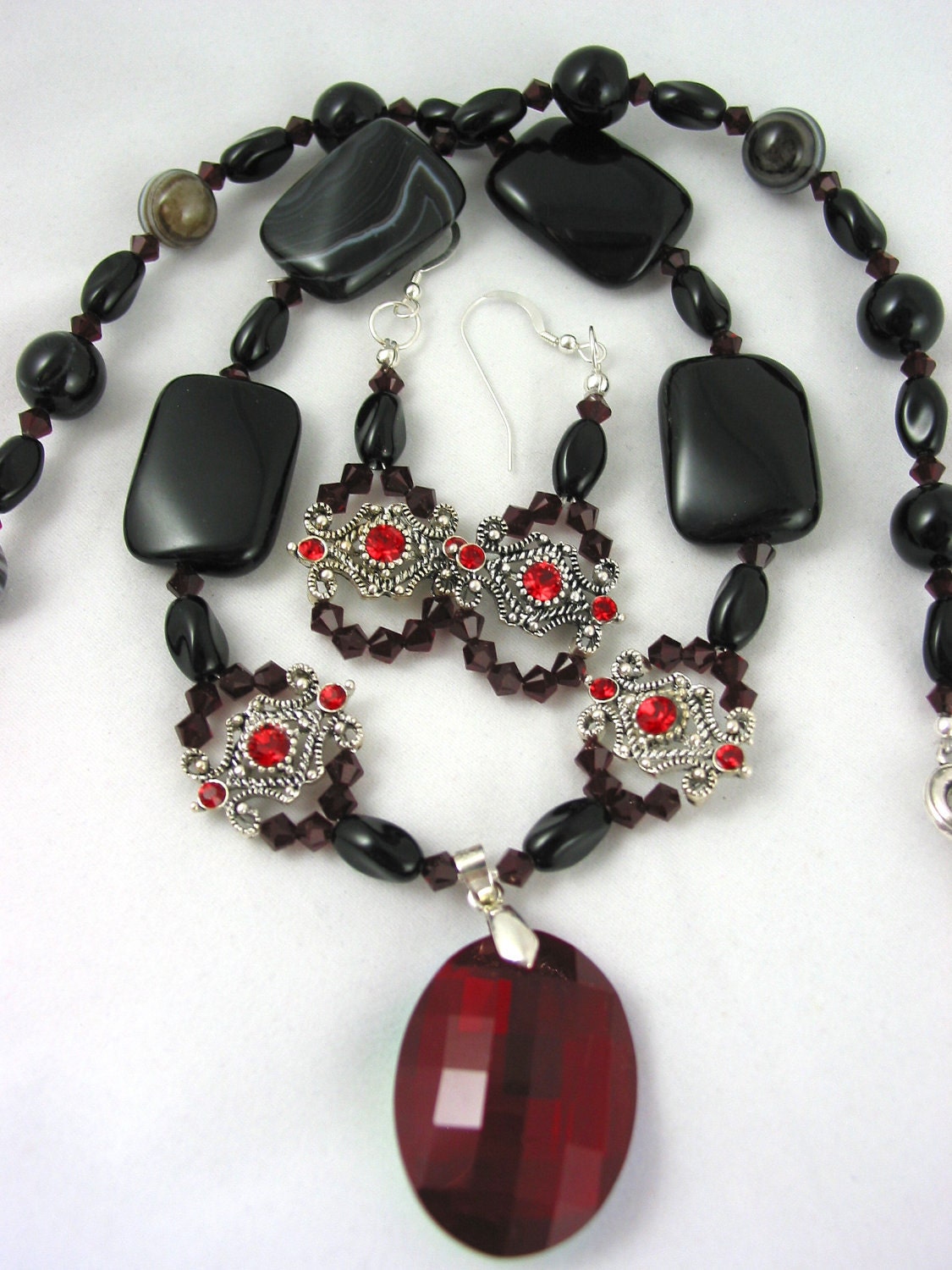 Black Agate with Siam Swarovski and Ruby Red Pendant Necklace and Earrings