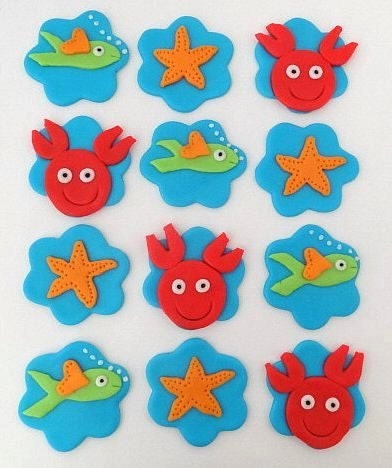 12 Fondant Edible Cupcake/Cookie Toppers - Sea Life Theme 1