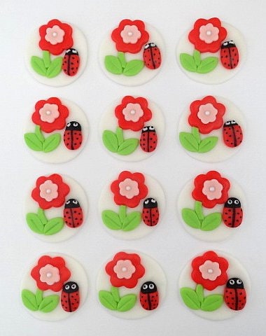 12 Fondant Edible Cupcake/Cookie Toppers  - Ladybugs with flowers
