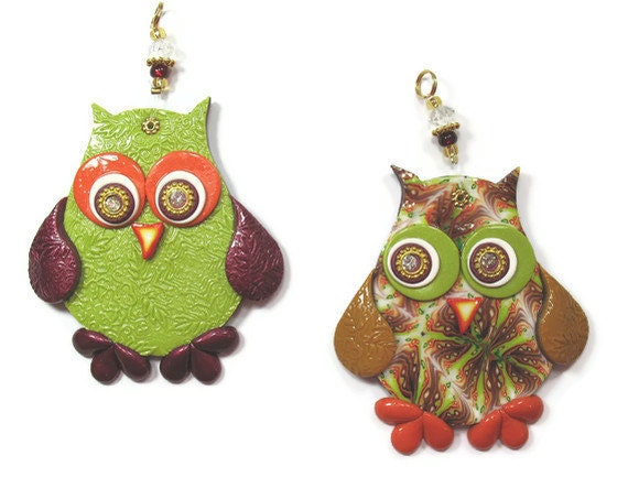 Wedding gift, love owl wall decor, polymer clay elegant owl, a pair in maroon, green, orange, gold and red