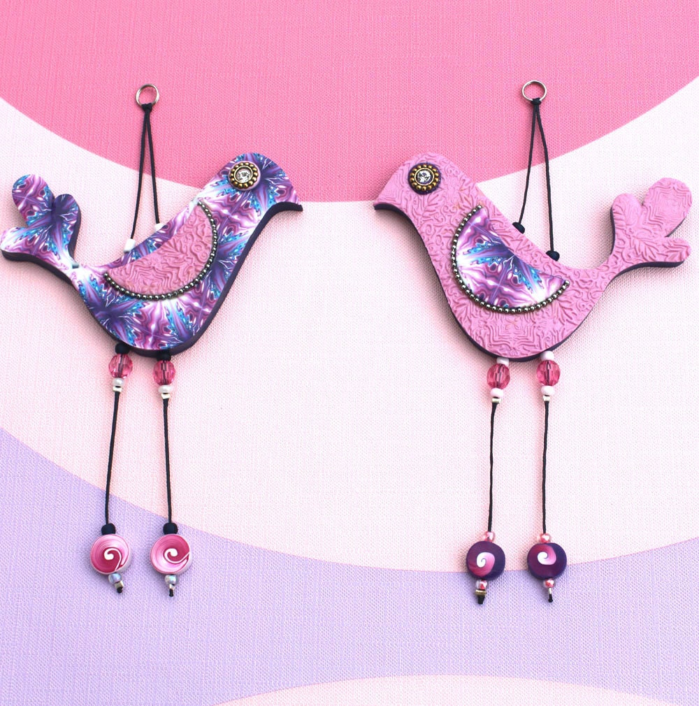 Love birds, Wall decor love birds, Handmade Polymer clay birds, Bird couple in Blue, purple, pink and White, A pair