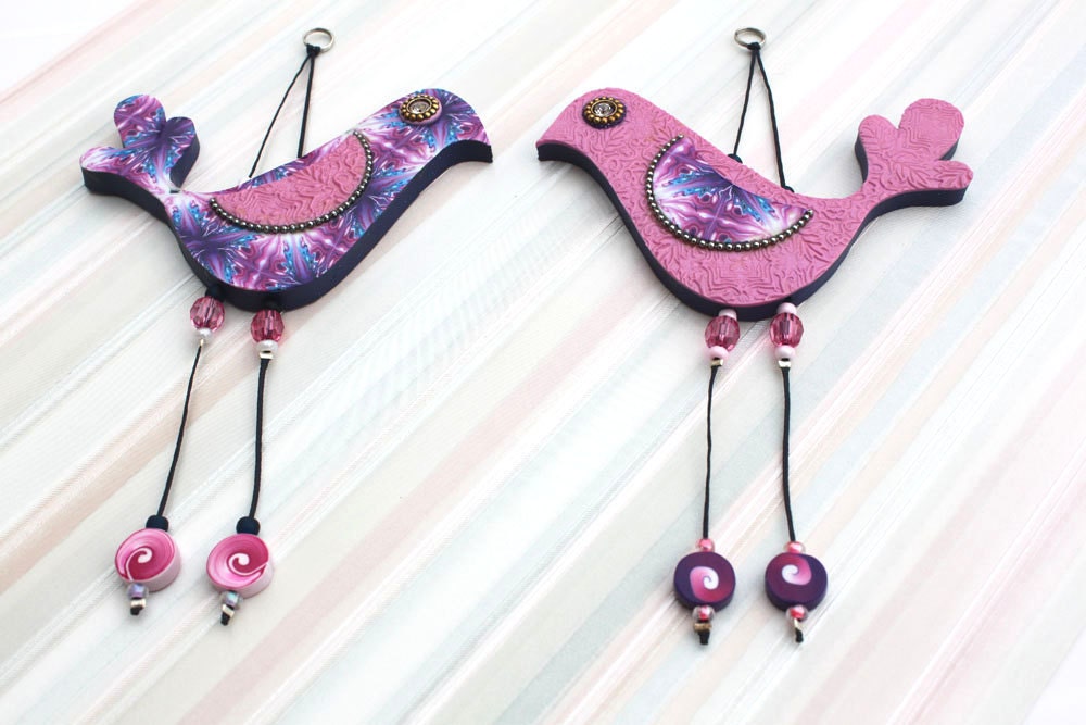 Love birds, Wall decor love birds, Handmade Polymer clay birds, Bird couple in Blue, purple, pink and White, A pair