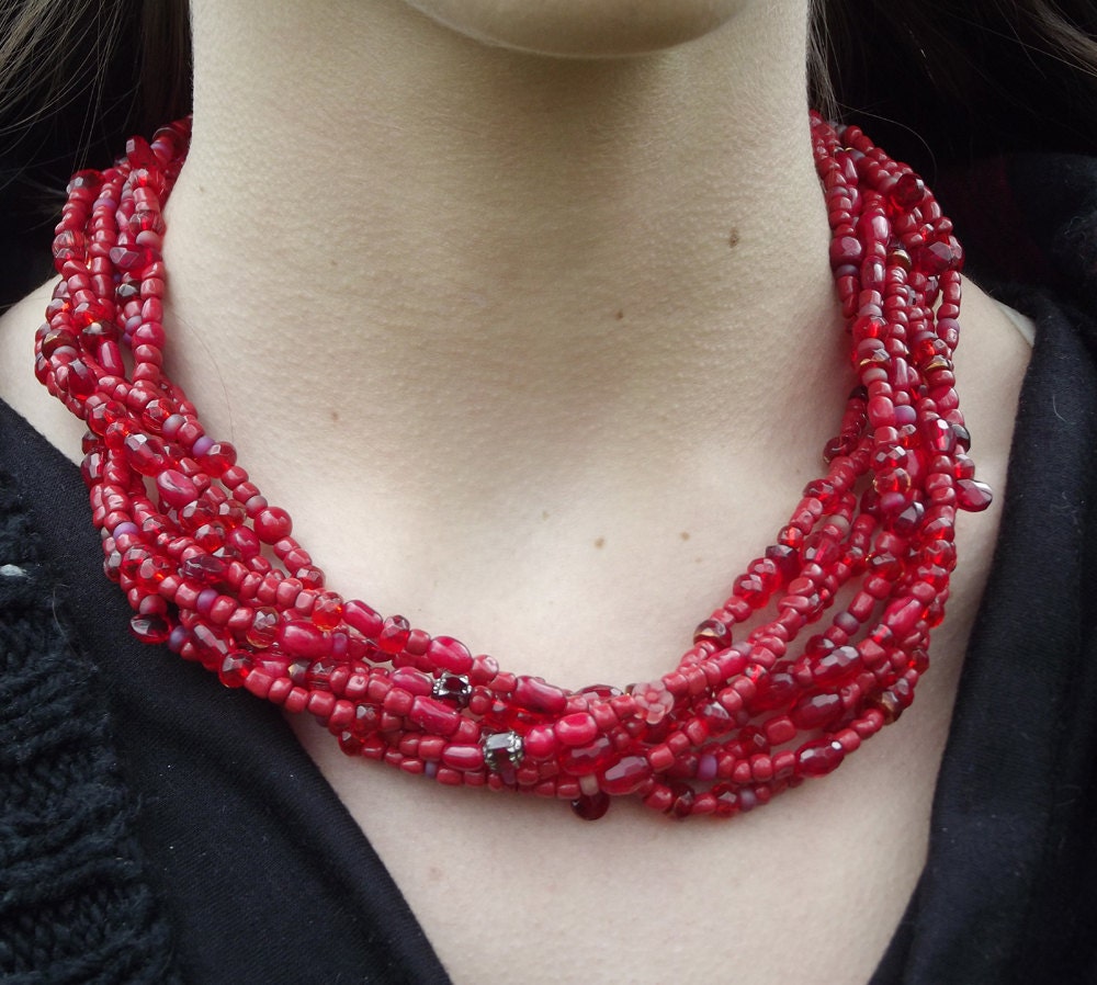 SALE Handmade Red Crystal and Glass Bead MultiStrand Necklace