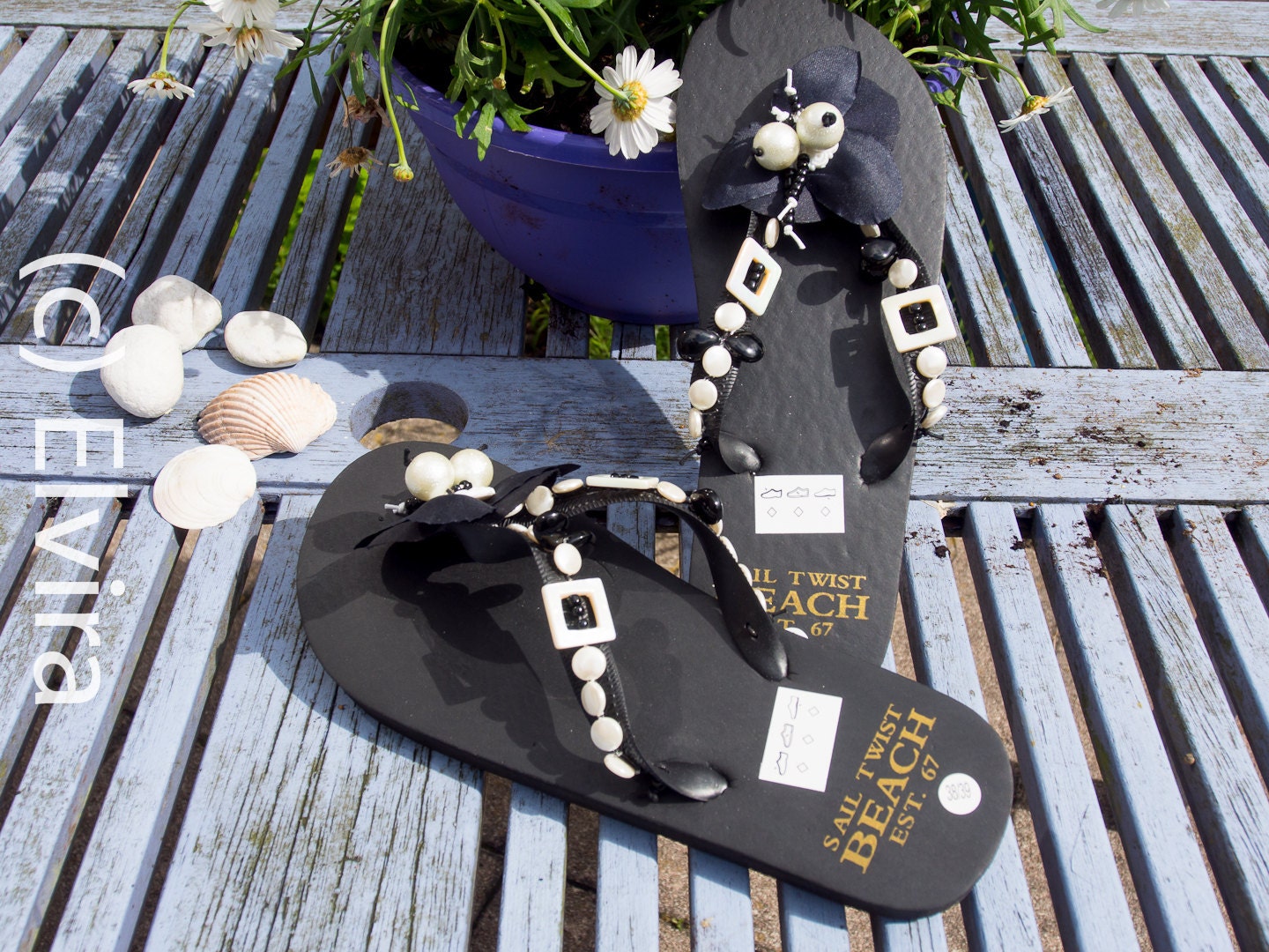 Floral Flip Flops, black retro slippers, bohemian flipflops, decorated slippers, just 1 pair OOAK