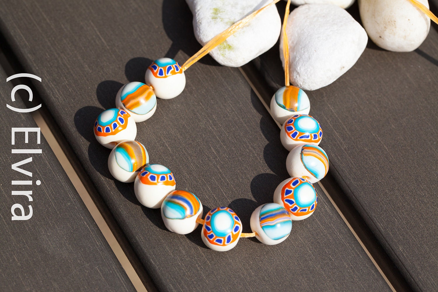 Fimo polymer clay beads, handmade white beads, focal beads, large hole beads, jewelry supplies - OOAK