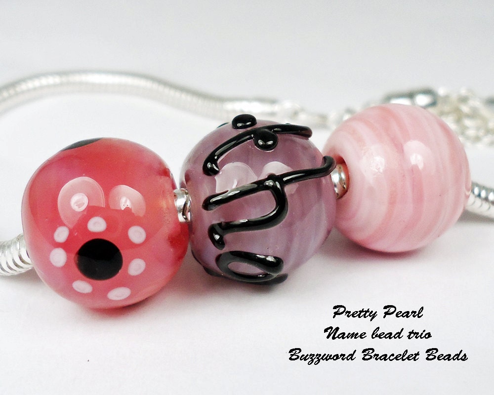 Pretty Pearl Custom Name BBB trio and 7.5 inch Sterling Silver snake chain charm bracelet