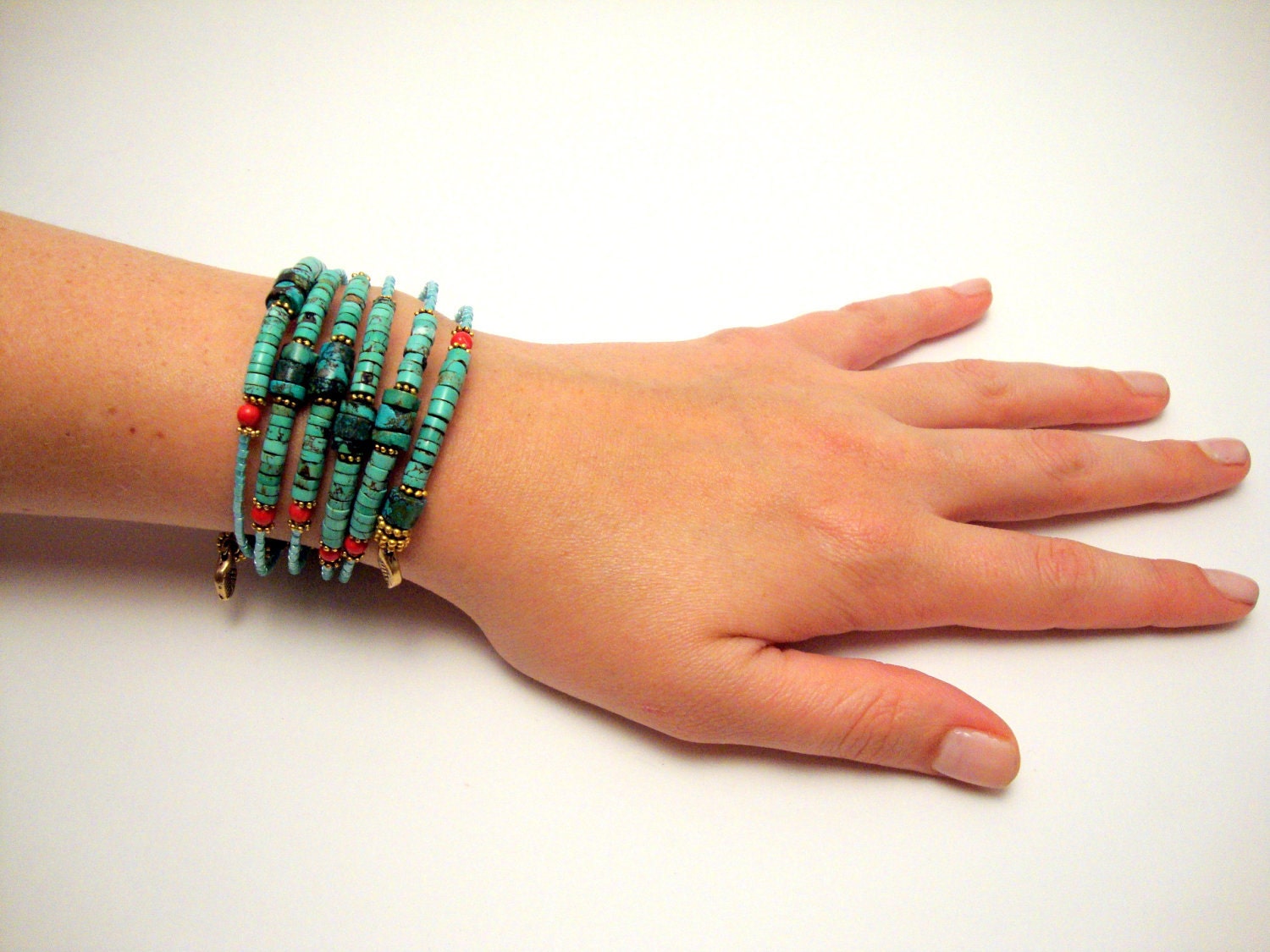 Turquoise and Coral Beaded Bracelet, Memory Wire Bracelet, Gemstone Wrap Bracelet