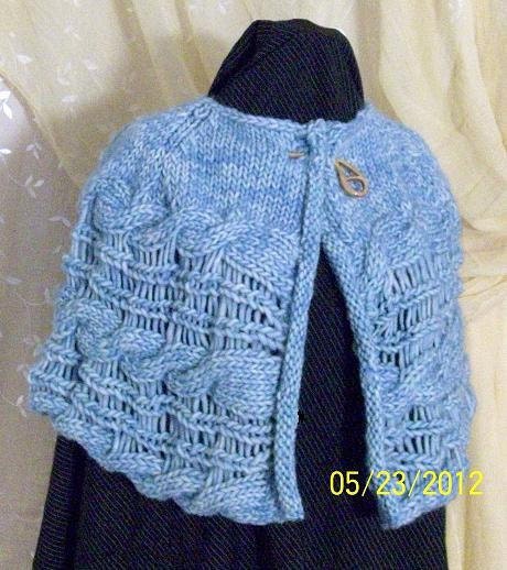 Warm woolen, cable and lace capelet of ice blue