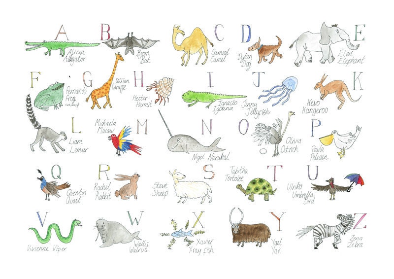 Children's ABC watercolour and ink limited PRINT. Alphabet, Animal, Nursury, Baby, Child, Educational, Illustration, chart. - PelicanPirate
