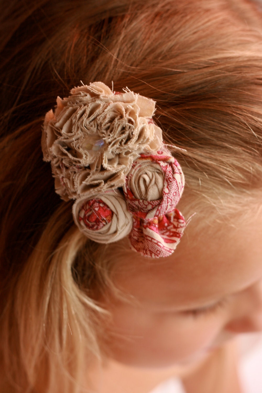 vintage inspired children flower hair piece pink beige tan photo prop hair clip with crystal center large beige flower fabric flower girl