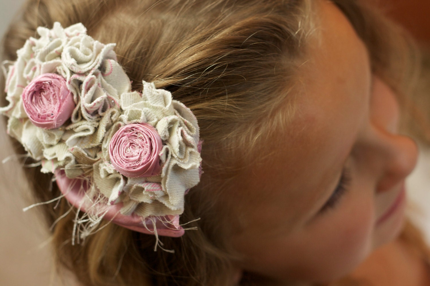 vintage inspired upcycled children flower hair piece - photo prop - pink and gray hair clip fabric flower flower girl rosette
