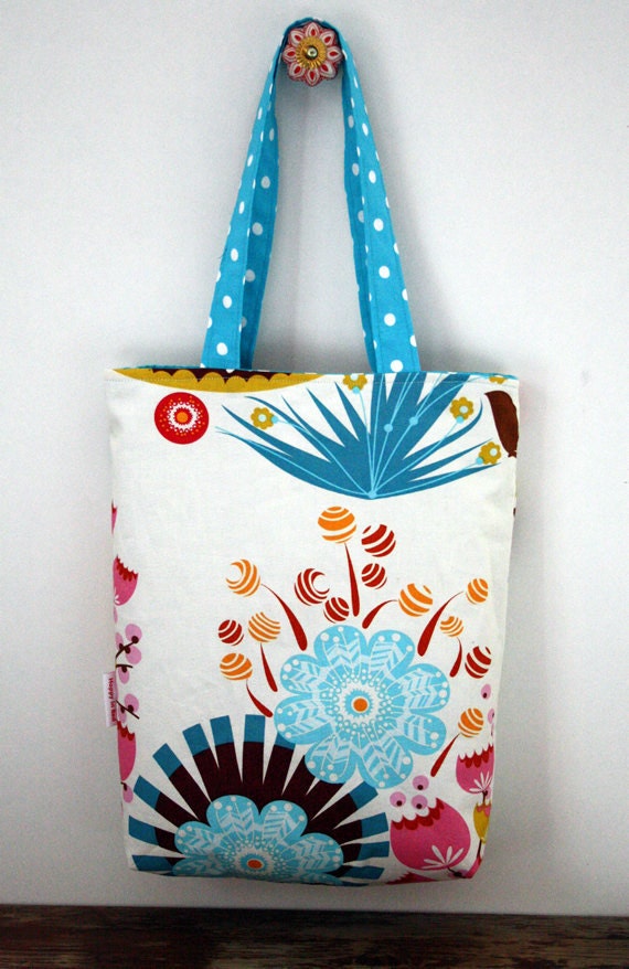 Tote bag: cotton, polkadots, flowers, blue
