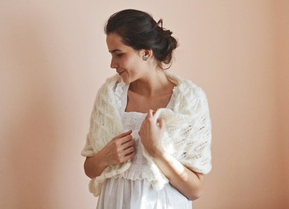 Cream - hand knitted lace shawl - mohair silk