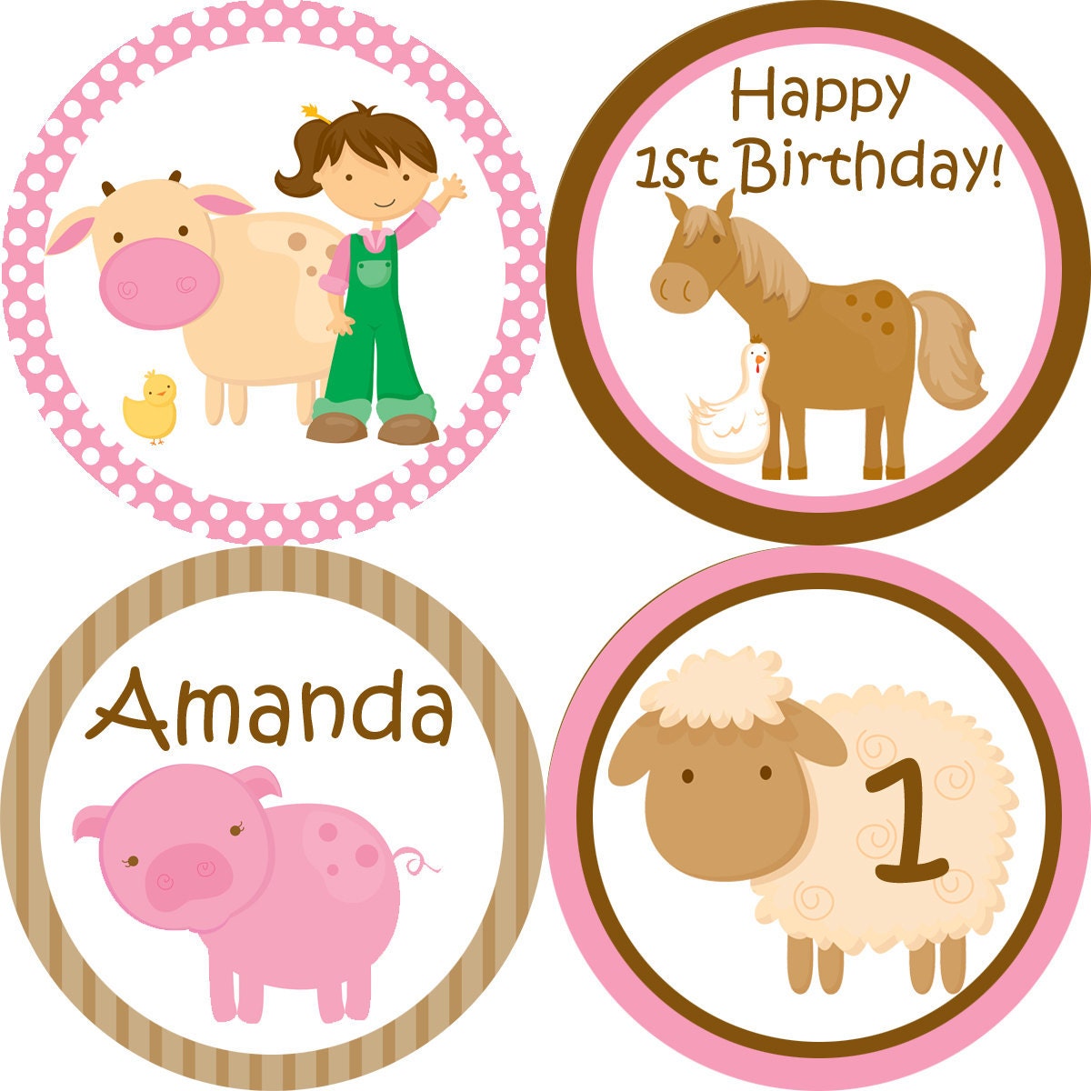 Farm Party Circles - Pink and Brown Barn Animals, Horse, Sheep, Cow and Pig Personalized Birthday Party Circles - A Digital Printable File