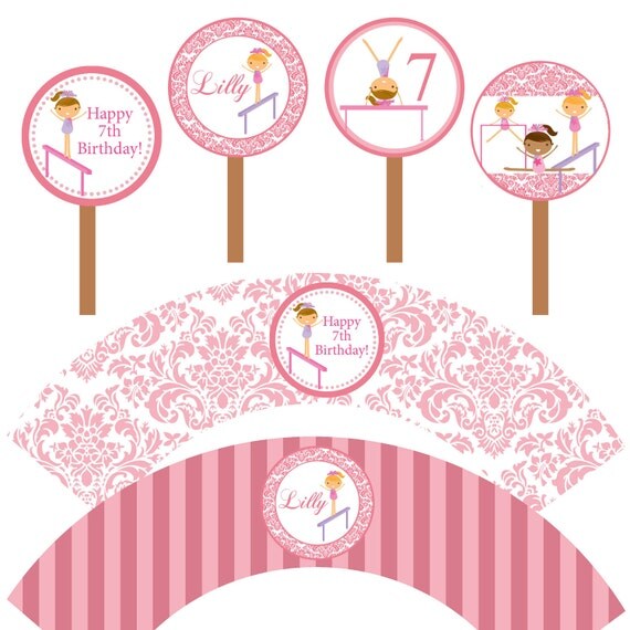 Gymnastic Cupcake Party Set - Pastel Pink Damask Girl Gymnast Personalized Birthday Cupcake Wrapper and Toppers - A Digital Printable File