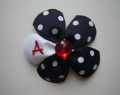 Girls Ribbon Polka Dot Flower in Navy and White with Red Monogram