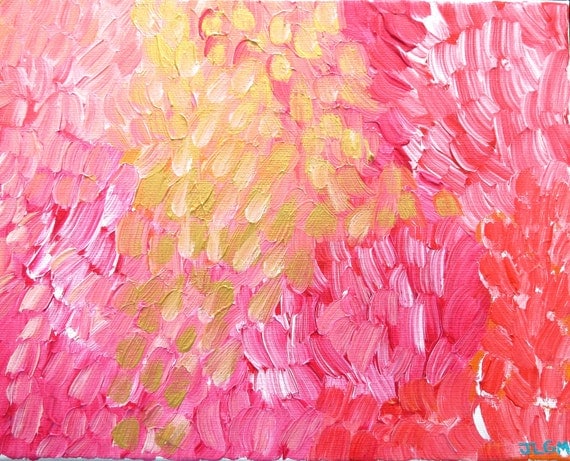 Banff Garden Poppies and Roses Painting - Pinks, Gold and Coral Abstract on Canvas