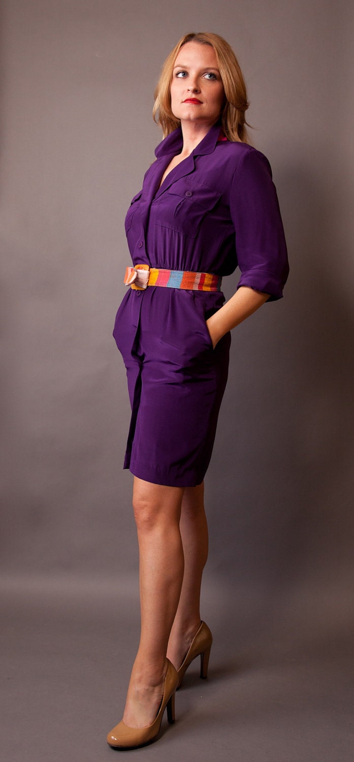 1980s royal purple silk Liz Claiborne shirt dress. Size Small.