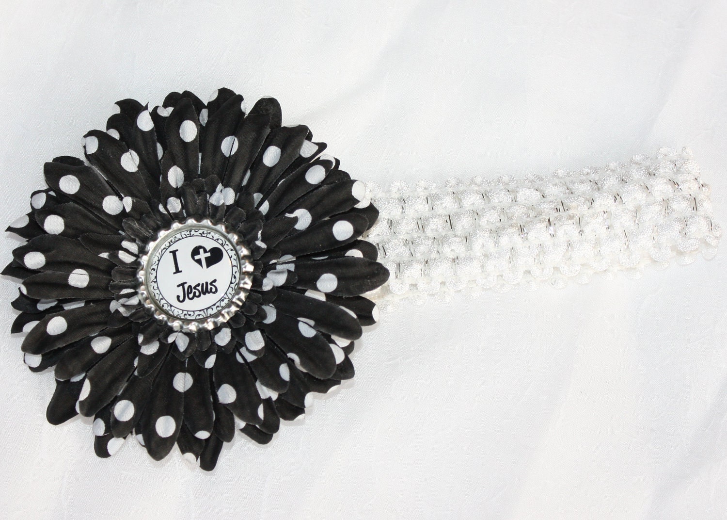 I Love Jesus Black Polka Dot Daisy Clip and Headband Religious Church