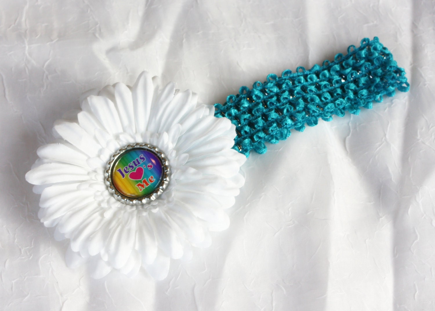 Jesus Love Me White Daisy Clip andTurquoise Headband Religious Church