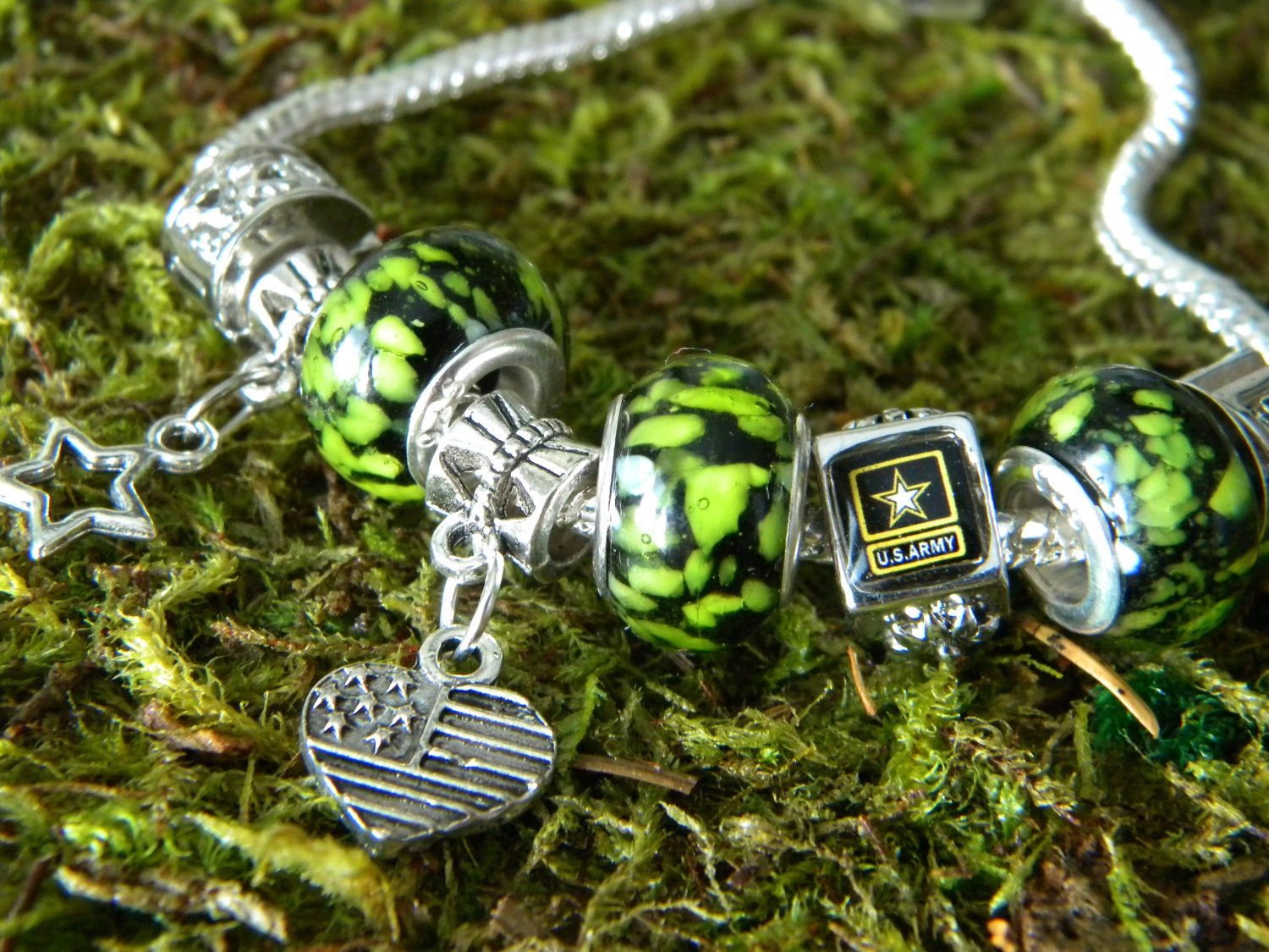 Army Murano European Bracelet - Army "Gone Green"  Logo Murano glass bead and european charm bracelet