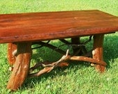 Rustic Handmade Mountain Laurel and Red stained pine Coffee Cocktail Table Log Cabin Furniture by J. Wade
